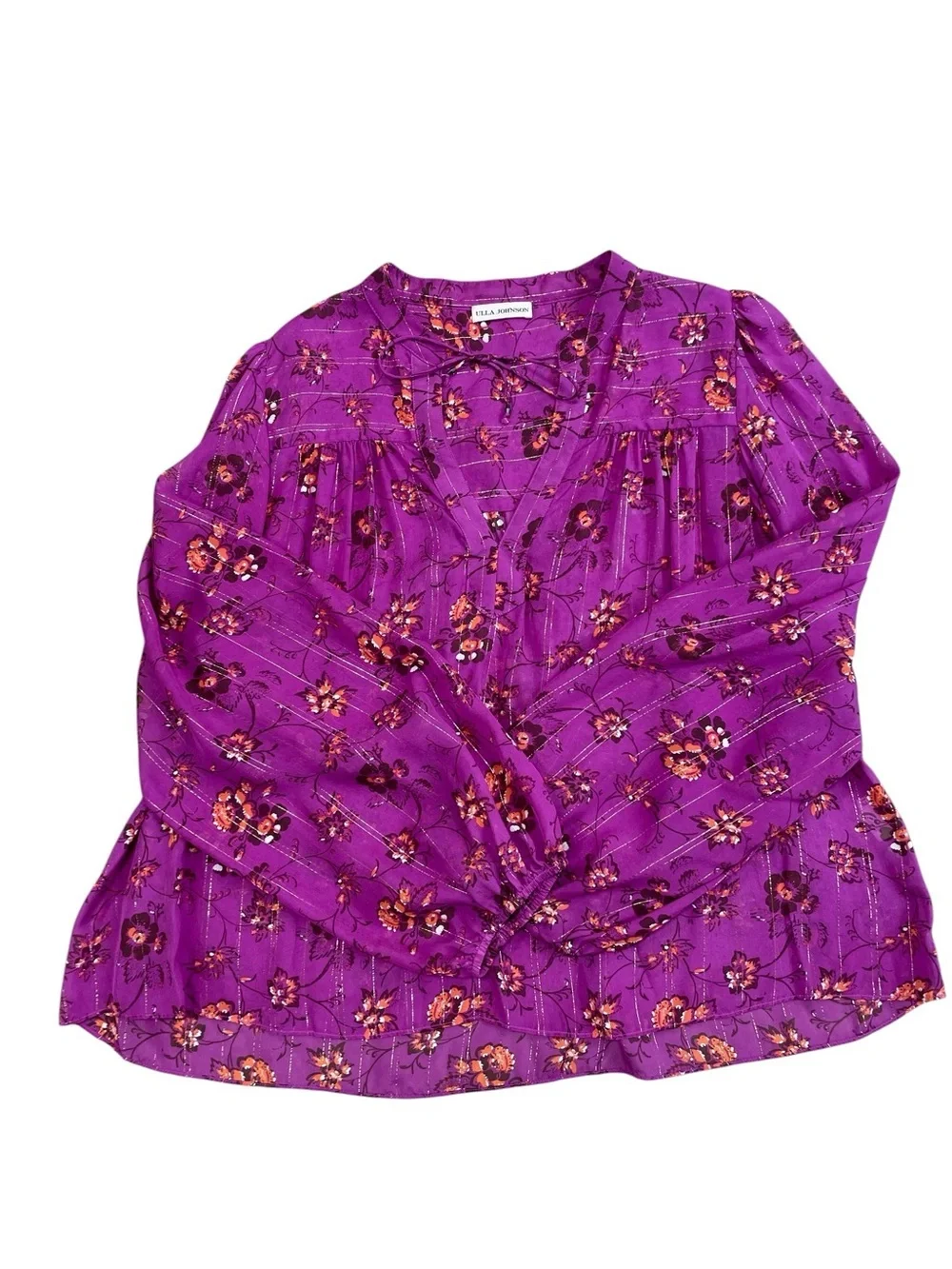 ULLA JOHNSON Top Women's Purple Fuschia Floral Tie-Neck Peasant Blouse 12